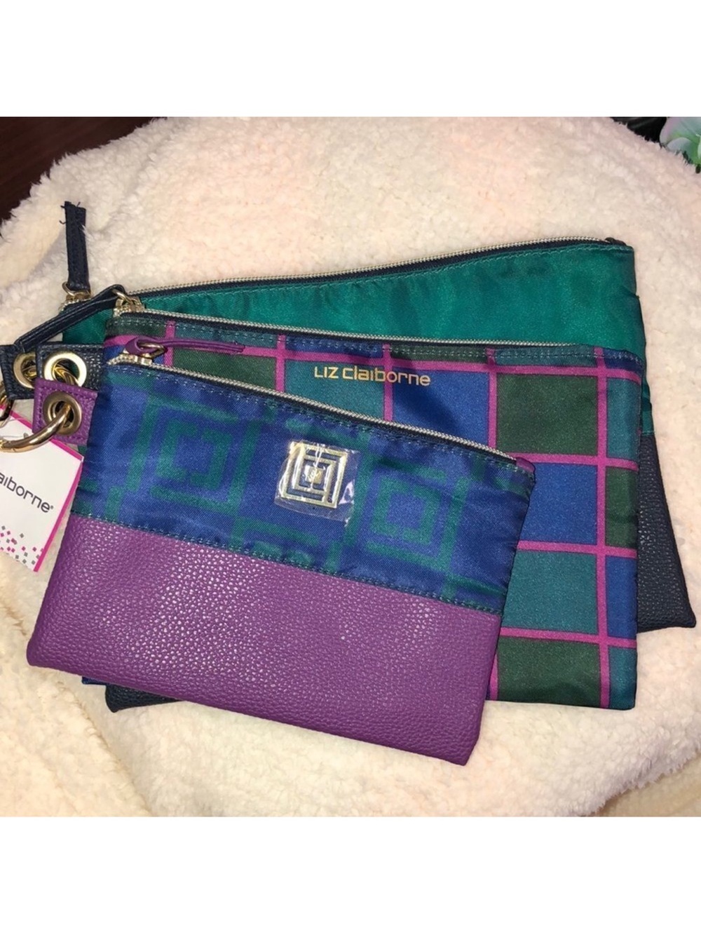 Liz Claiborne Navy Fuchsia Purple Plaid Monogram Travel Bag Set of 3